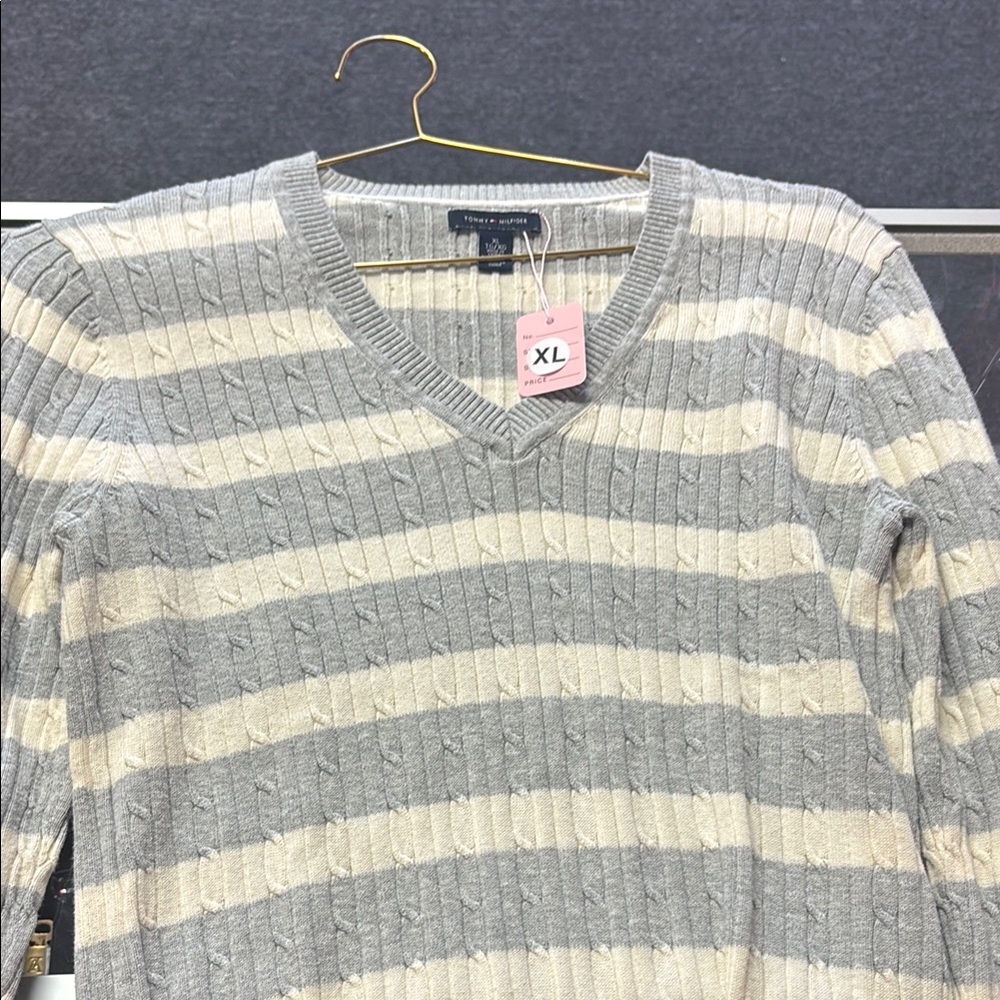 Men's Grey and White Striped Sweater